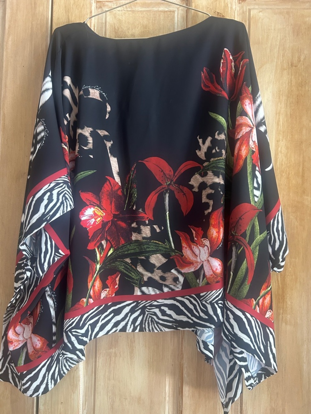 Chico's Black Floral Poncho with Red & Green Accents and Zebra Trim NWT S/M - Picture 4 of 8
